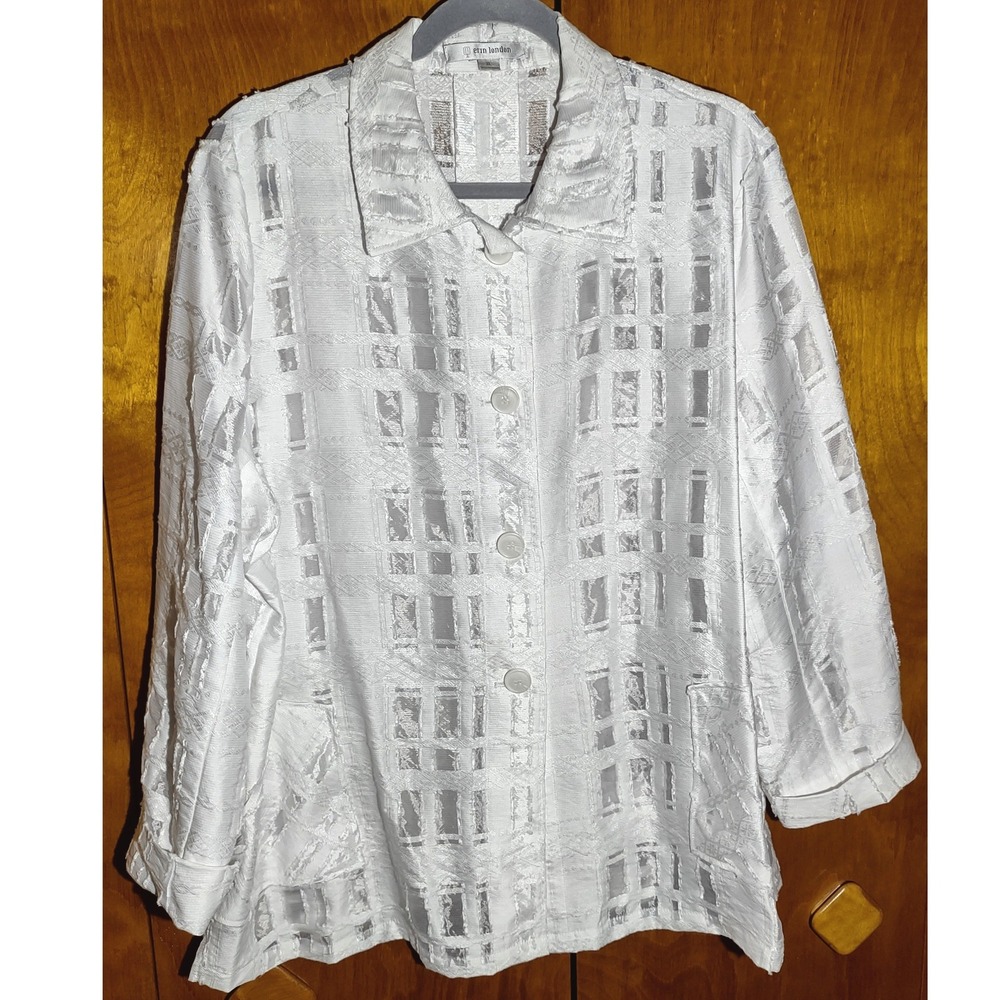Erin London Women's XL White Textured Geometric Button‎ Up Blazer Top